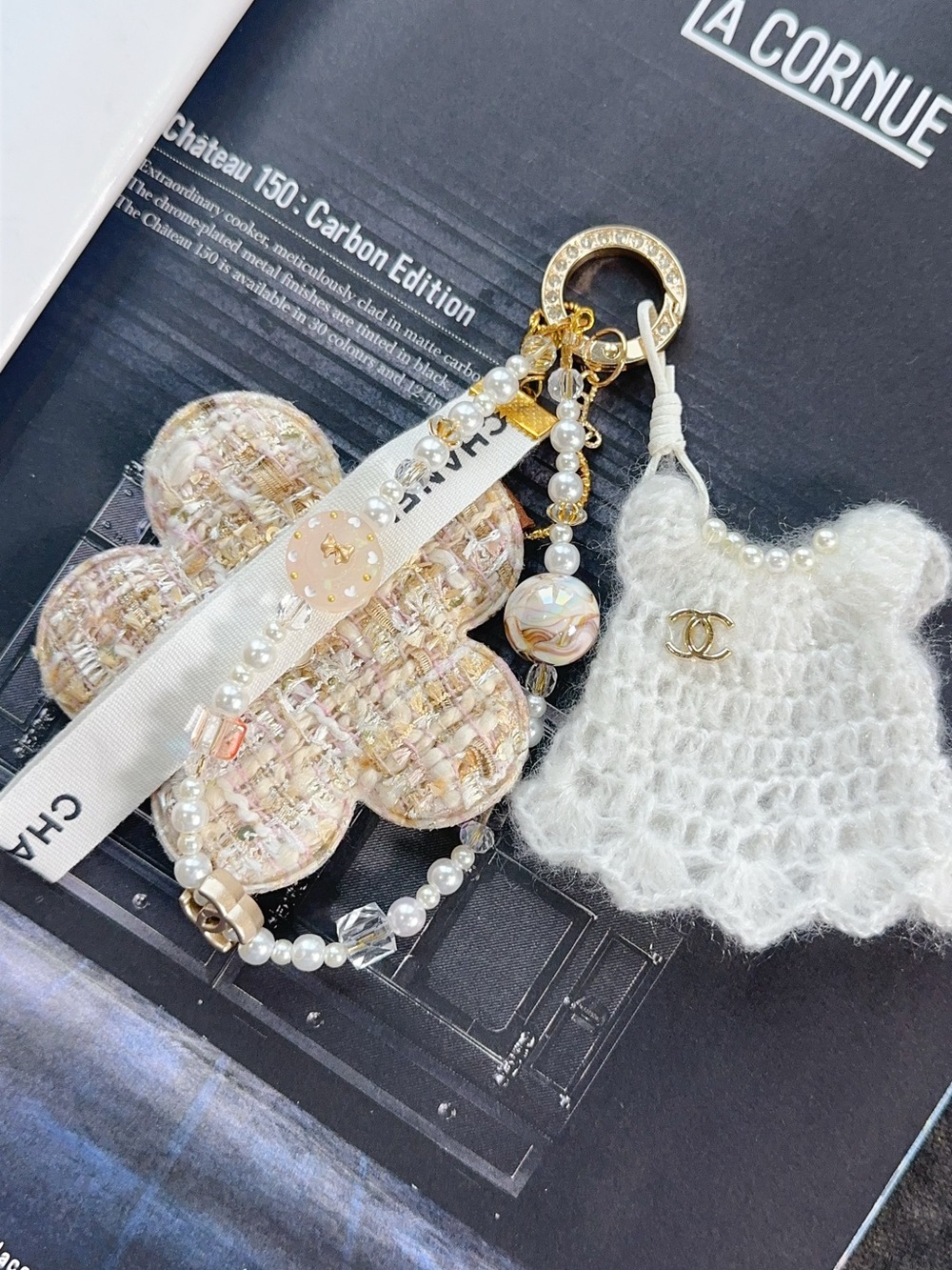 Authentic CC Ribbon With handmade Pearl, Beads & Tweed Camellia Dress Bag Charm - Picture 2 of 5